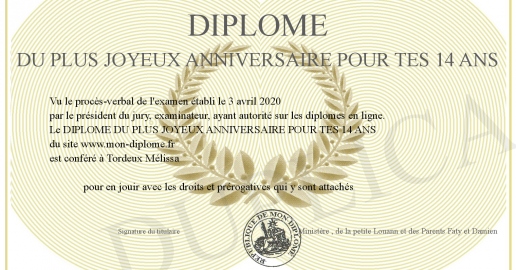 DIPLOME DU PLUS JOYEUX ANNIVERSAIRE POUR TES 14 ANS