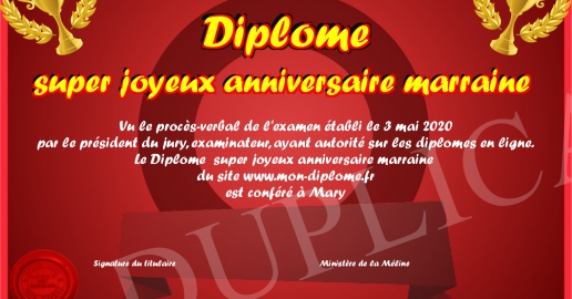 Diplome super joyeux anniversaire marraine