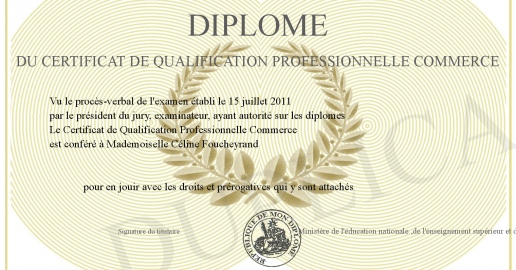 Diplome du Certificat de Qualification Professionnelle Commerce